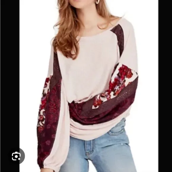 Free People Rose Pink Sweater with Floral Sleeves - Picture 12 of 13